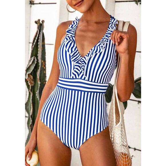 Blue And White Stripe Ruffle One Piece Swimsuit - Picture 1 of 6